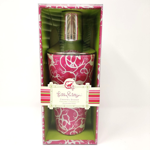 NIB Lily Pulitzer Cocktail Shaker Pink Monkeys Shaken Up Stainless Tiki Party